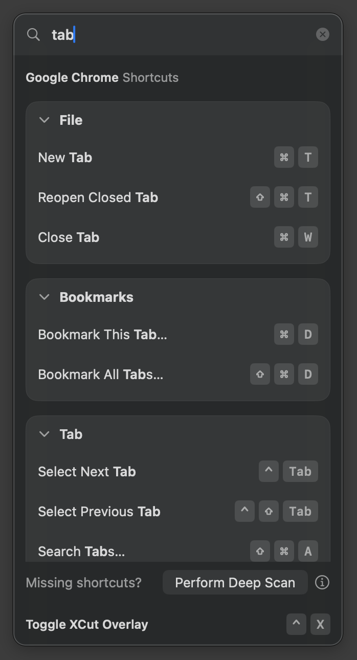 XCut in action showing menu shortcuts